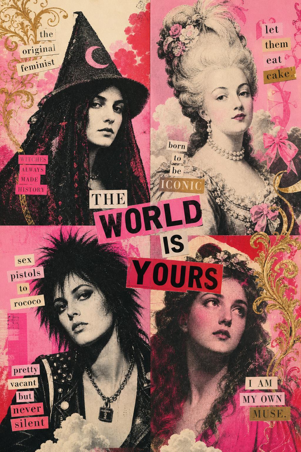 Postmodern collage — witch, rococo, punk, in pink and blood red